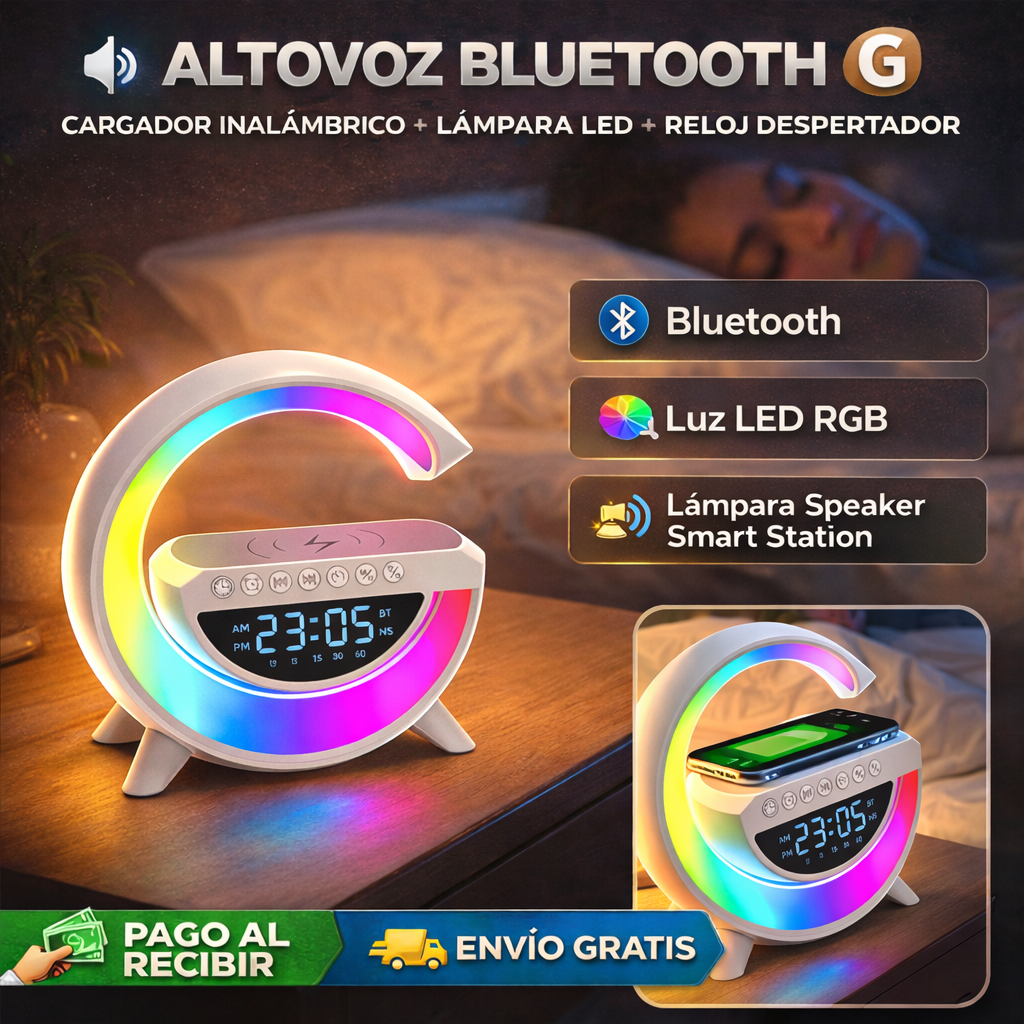 🔊 ALTOVOZ BLUETOOTH G - CARGADOR INALÁMBRICO + LÁMPARA LED + RELOJ DESPERTADOR - REBAJAS 2026 🔥